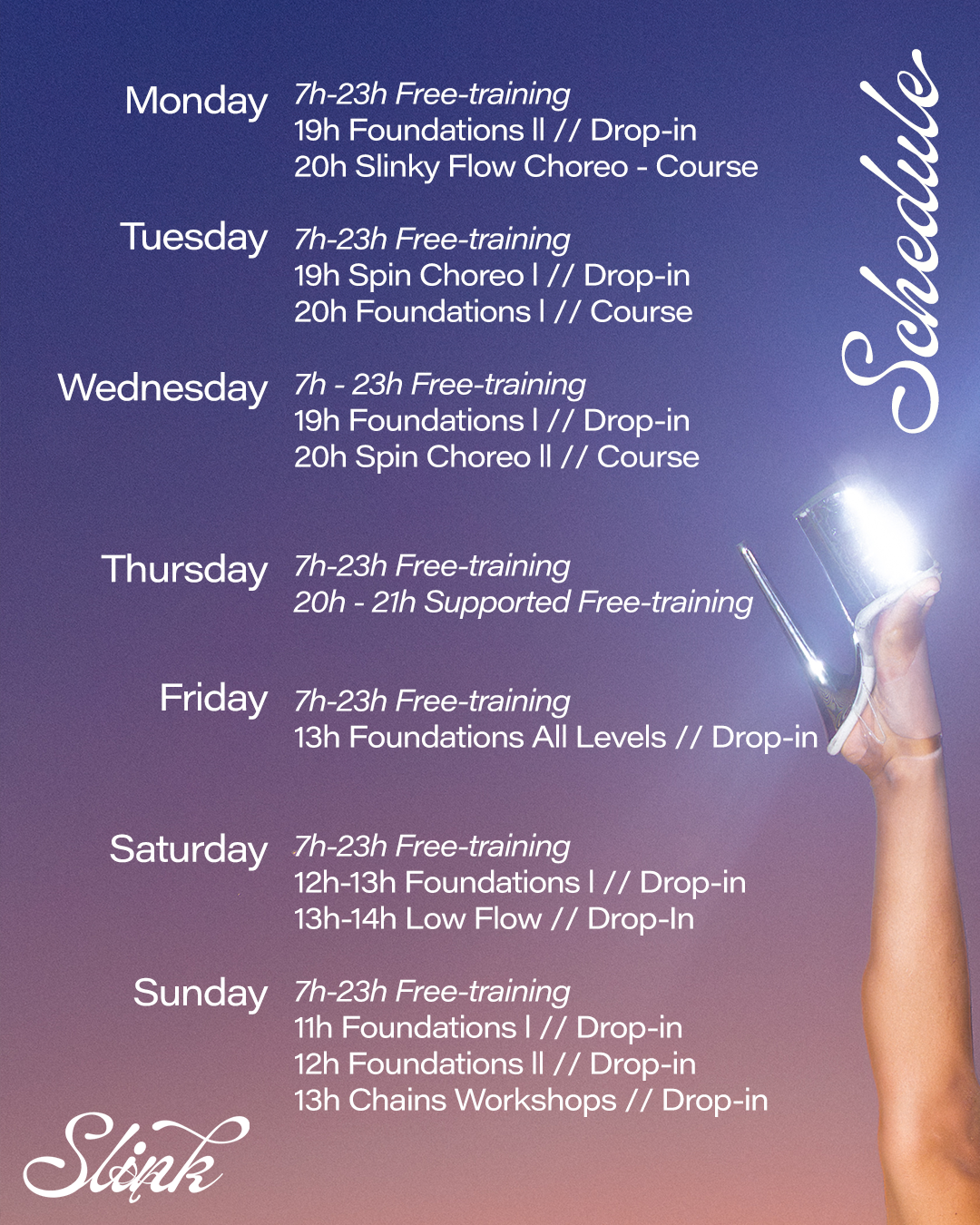 Weekly class schedule at Slink Pole Studio
