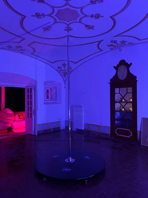 Stage pole on its freestanding base beneath the studio's decorated vaulted ceiling