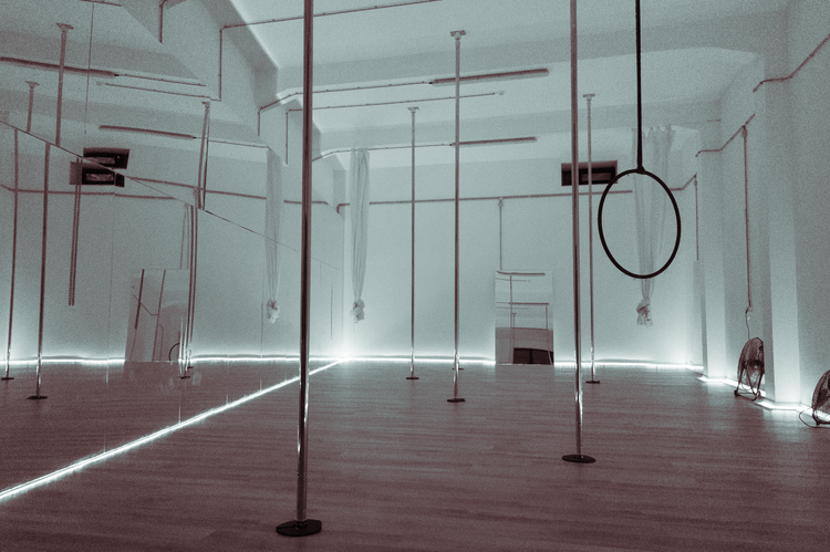 The Slink studio in Lisbon with multiple poles, silks and an aerial hoop